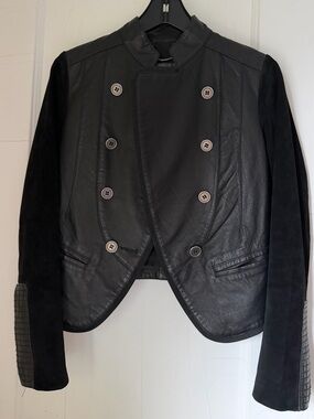 Dallin Chase Women's Black Mixed-Material Double-Breasted Leather Jacket